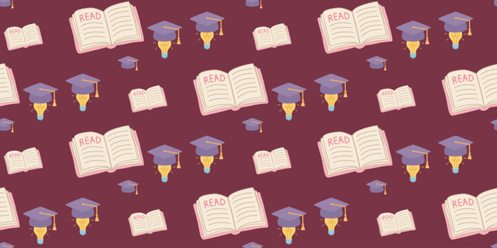 seamless pattern with open books graduation caps and light bulbs on maroon background