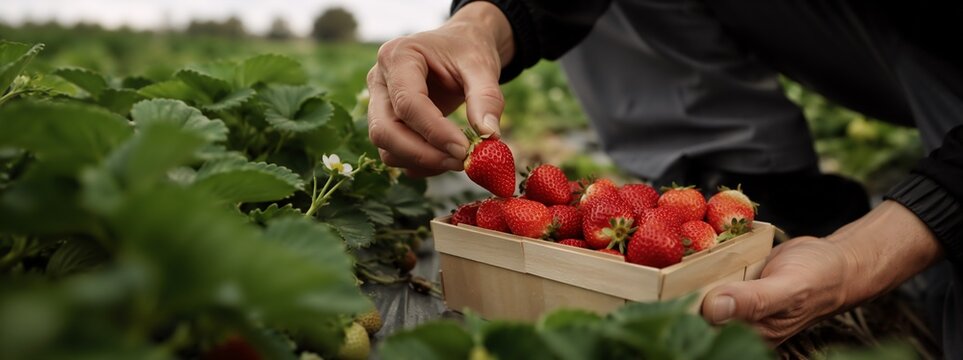 Man farmer picking fresh strawberry in wooden basket at field. Seasonal harvest of organic berry. Agriculture worker working at farm, food production and healthy eating concept.