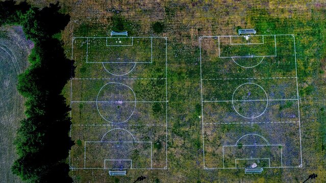 purple soccer fields drone perspective 