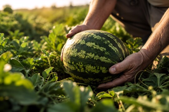 Man farmer holding ripe watermelon in vegetable garden. Agricultural worker harvesting organic fruit at sunset. Rural farming concept during autumn harvest season. Healthy food lifestyle.