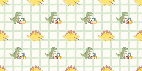 cute green dinosaur yellow stegosaurus children blocks pattern background © Micro Design-id