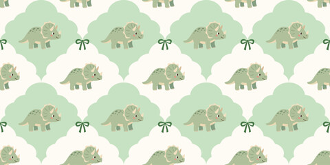 seamless pattern with cute green triceratops dinosaurs and cloud shapes on light background for kids design © Micro Design-id