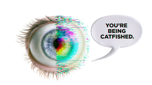 Human eye with digital glitch effect and catfishing speech bubble isolated on transparent background png cutout