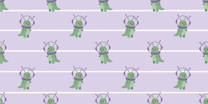 cute green alien characters with antennae on purple striped background seamless pattern design