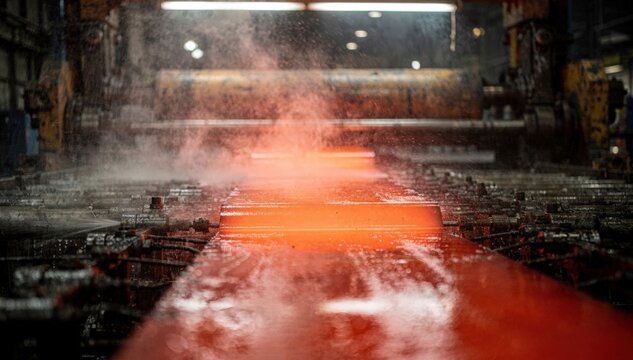 Medium shot emphasizing a hot steel strip glowing bright red as subtle cooling sprays create a faint mist with blurred runout equipment in the background.