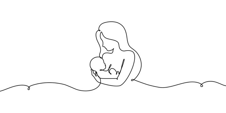 Continuous one-line illustration of breastfeeding mother with baby. Beautiful minimalist outline art depicting maternal bond, nursing moment, and tender care in simple black sketch design.