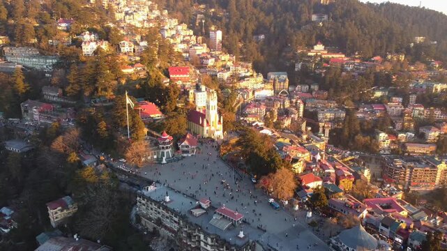 Aerial Drone View of Mall Road, The Ridge and Christ Church in Shimla, Himachal Pradesh, India