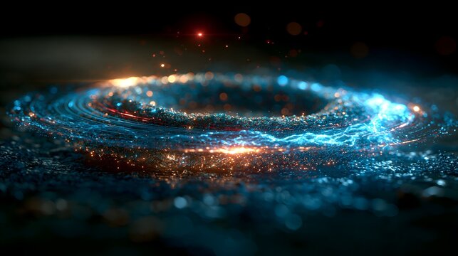 Dynamic abstract light vortex with glowing blue and orange particles