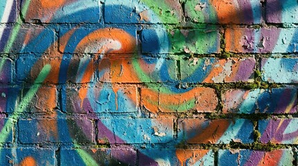 Naklejka premium Close up of vibrant graffiti on a weathered brick wall with colorful swirls