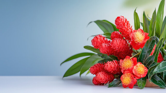 Vibrant red ginger flowers arranged with green leaves create stunning floral display, perfect for decoration or gifting
