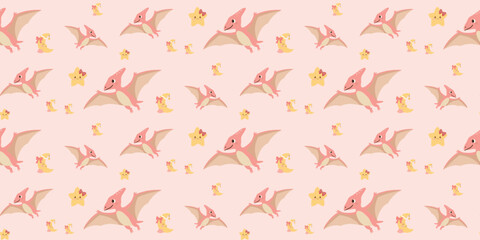 seamless pattern of flying pink pterodactyls with yellow stars on light background © Micro Design-id