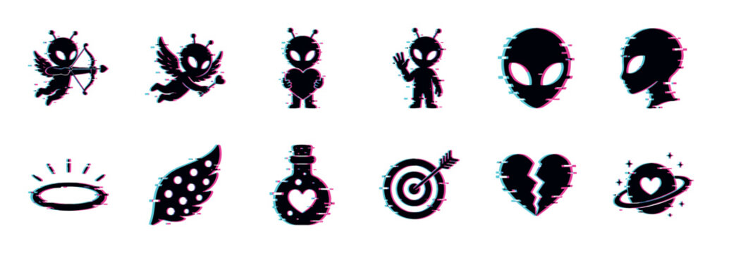 Set of black alien and Valentine's Day silhouette icons with a modern digital glitch effect, featuring a cupid, heart, planet, and love potion for a unique romantic design