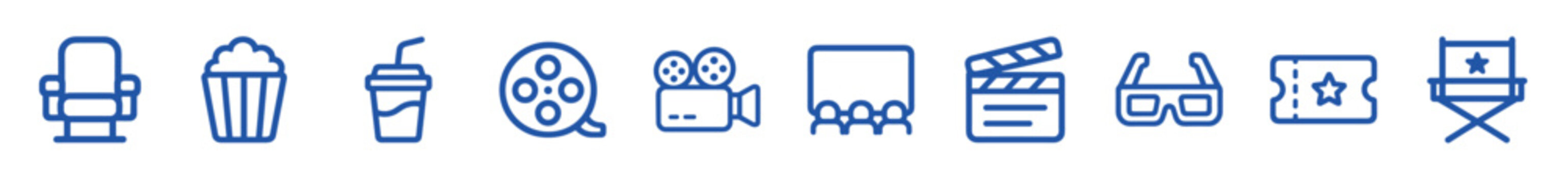 Set of blue cinema line icons representing movies, film production, and entertainment with popcorn, a ticket, and a camera in a minimalist outline vector style