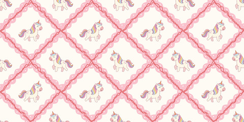 cute pink unicorns with rainbow manes framed by pink scalloped diamond shapes seamless pattern © Micro Design-id