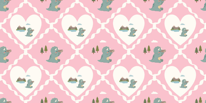 cute dinosaur pink background seamless pattern heart shapes playful design for children