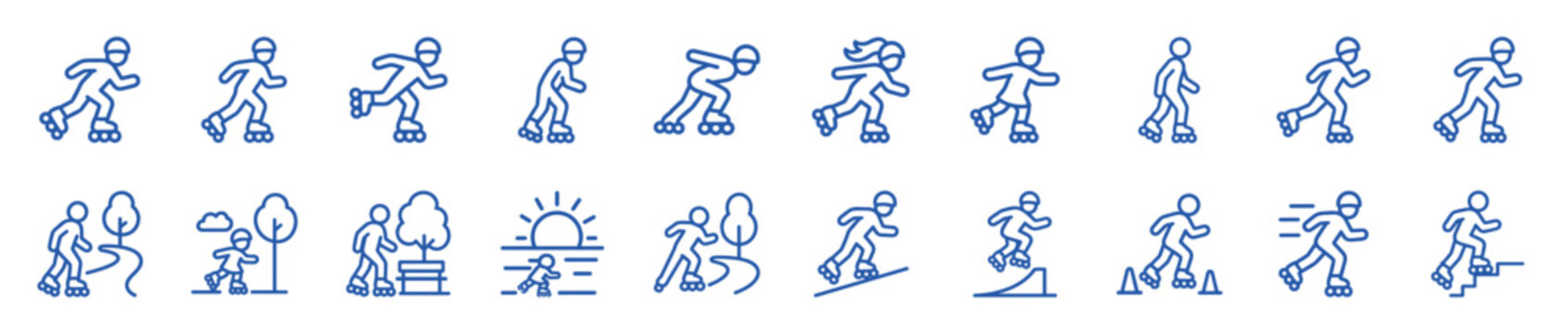 Blue line icon set of rollerblading people shows various activities like park skating, training with cones, and family recreation in a minimalist pictogram style