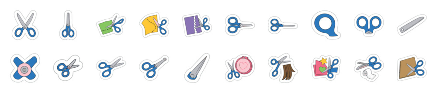 Large collection of cartoon scissor icons showing various cutting tasks for crafting, sewing, and hairdressing, including tape, paper, fabric, and embroidery tools