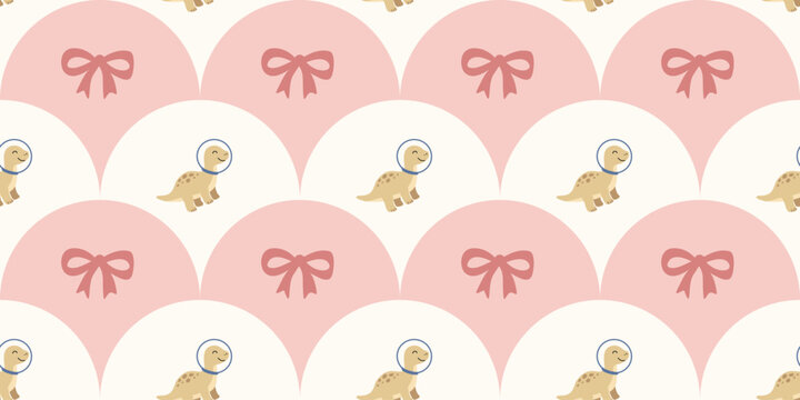 cute small brown dog wearing astronaut helmet on pink and white scalloped background with decorative bows