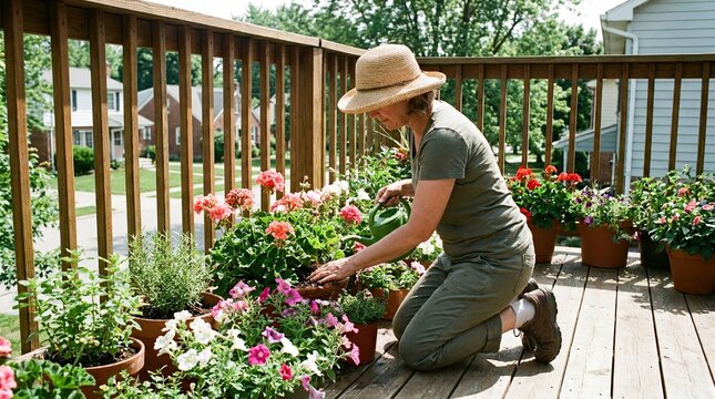 Dedicated home gardener nurturing vibrant flowers on a sunny deck with showcases gardener