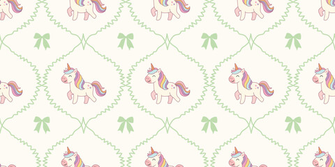 cute pink unicorns with colorful manes green bows and delicate leaf frames seamless pattern © Micro Design-id