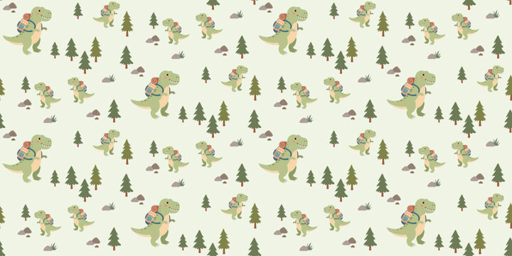 cute green dinosaurs with trees and hills seamless pattern on light background playful children design