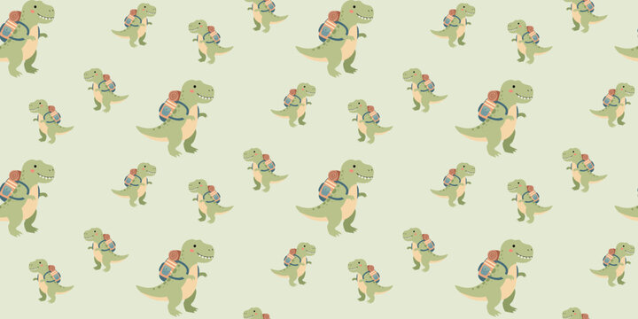 cute green dinosaur with orange backpack seamless pattern on light background playful animal cartoon design