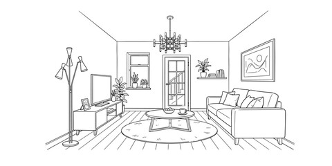 Fototapeta premium Cozy living room interior line art sketch with home furniture
