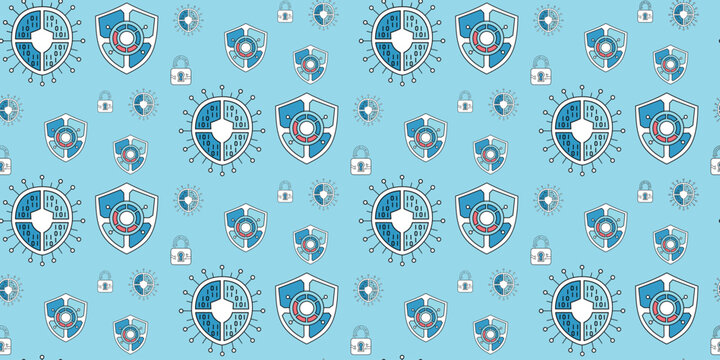 blue seamless pattern with security shields digital circuits and protective symbols