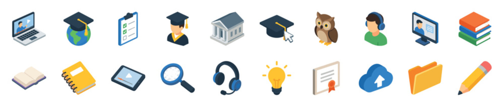Colorful isometric education and e-learning icon set representing online courses, university study, and graduation, with symbols like a laptop, books, diploma, and student