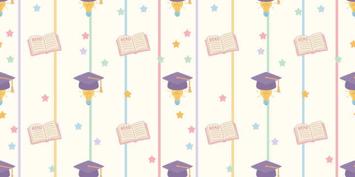 education themed pattern with graduation caps open books light bulbs and colorful stars on white background