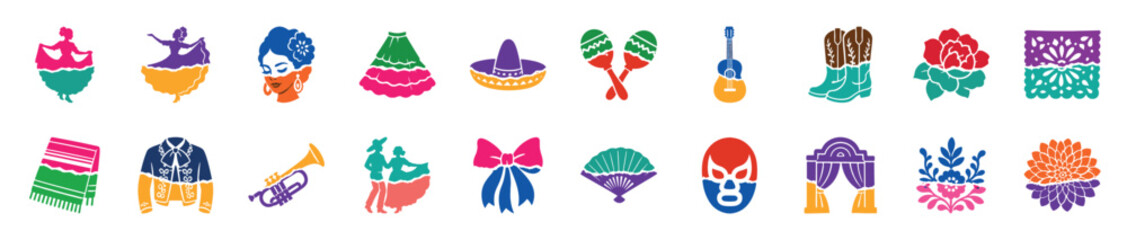 Obraz premium Vibrant set of Mexican cultural icons including a sombrero, maracas, guitar, and luchador mask, presented in a colorful flat silhouette style for festive holiday celebrations