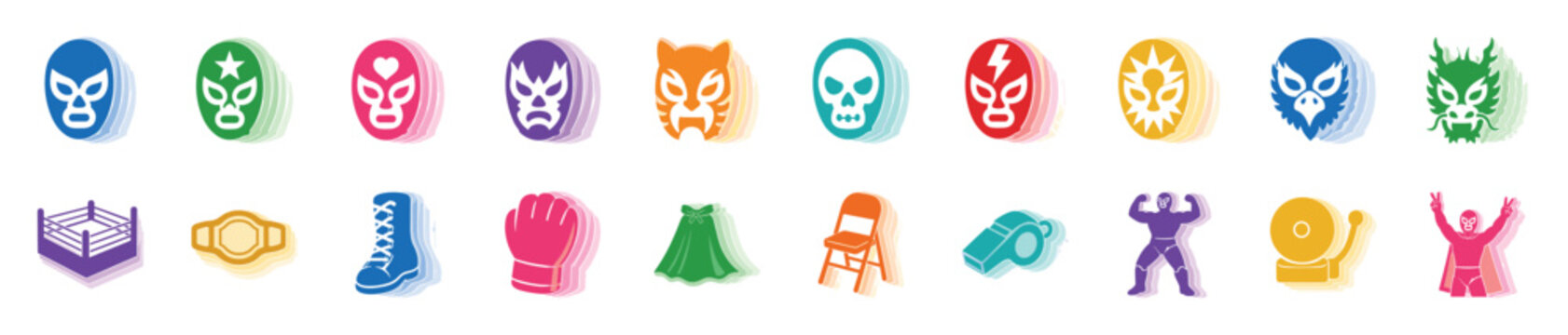 Colorful collection of Lucha Libre icons featuring various masks, a wrestling ring, championship belt, and other equipment in a flat design with a layered shadow effect