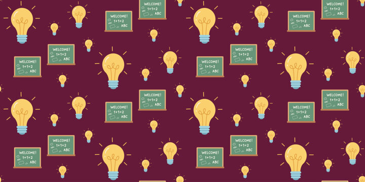 seamless pattern of glowing yellow light bulbs with green chalkboards on dark purple background