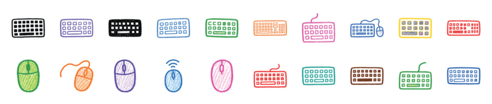Colorful hand-drawn set of computer keyboards and mice with a crayon texture, showcasing various simple doodle designs for wired and wireless peripherals in a row