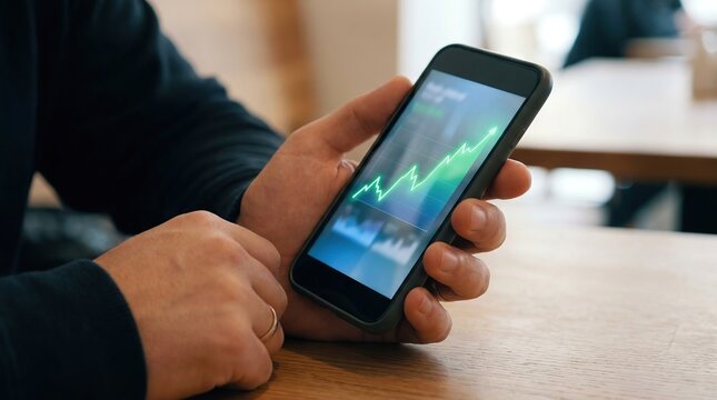 Person engaged with financial app on smartphone while sitting at a table
