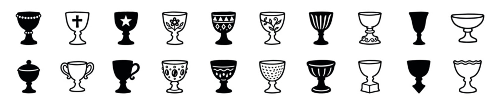 Large collection of various hand-drawn chalice and goblet icons in a simple black and white silhouette and line art style, including religious, trophy, and ornate designs