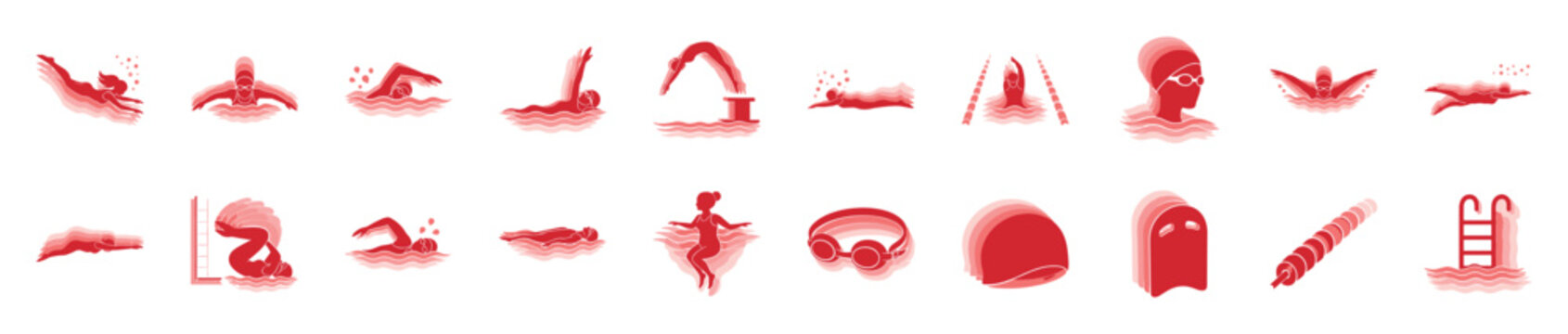 Collection of red swimming and water sports icons showing athletes performing various strokes, diving, and essential pool equipment like goggles and a kickboard in a graphic style