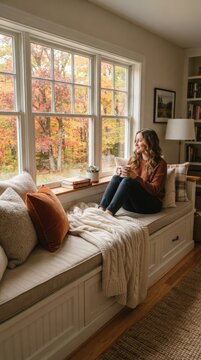 Cozy window seat overlooking colorful autumn trees, peaceful reading nook, seasonal home comfort and relaxing fall interior.