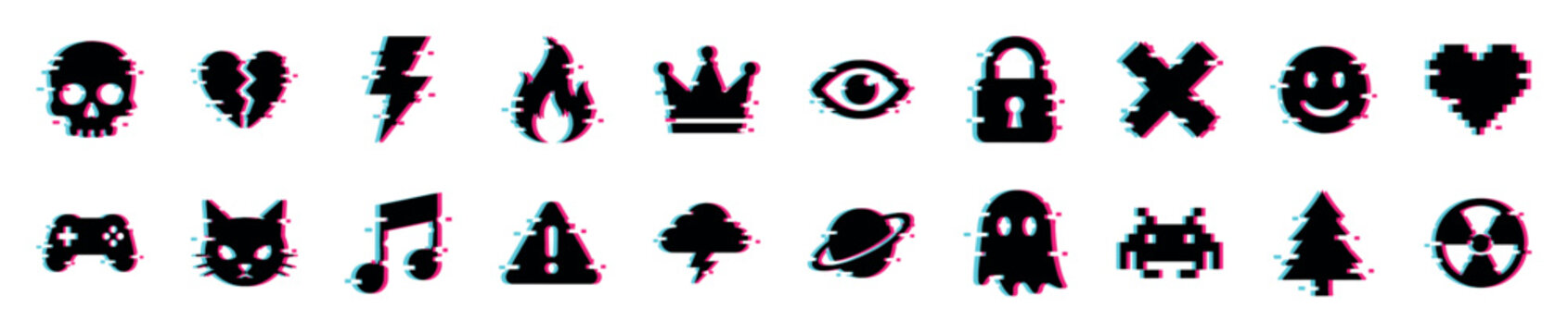 Set of black glitch effect icons with a modern digital distortion style, including symbols like a skull, heart, gamepad, and ghost for a trendy, futuristic aesthetic