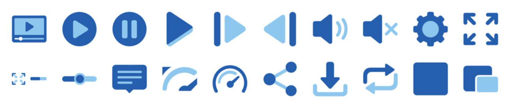 Collection of blue video player icons for a user interface, including play, pause, volume, settings, and full screen buttons in a clean, modern flat design style