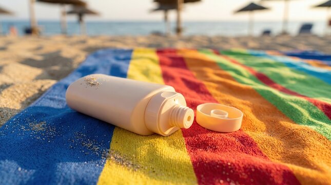 Open bottle of sunscreen on colorful beach towel with ocean background