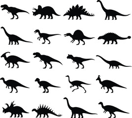Set of black dinosaur silhouettes collection featuring various prehistoric species isolated on a white background © JUWEL