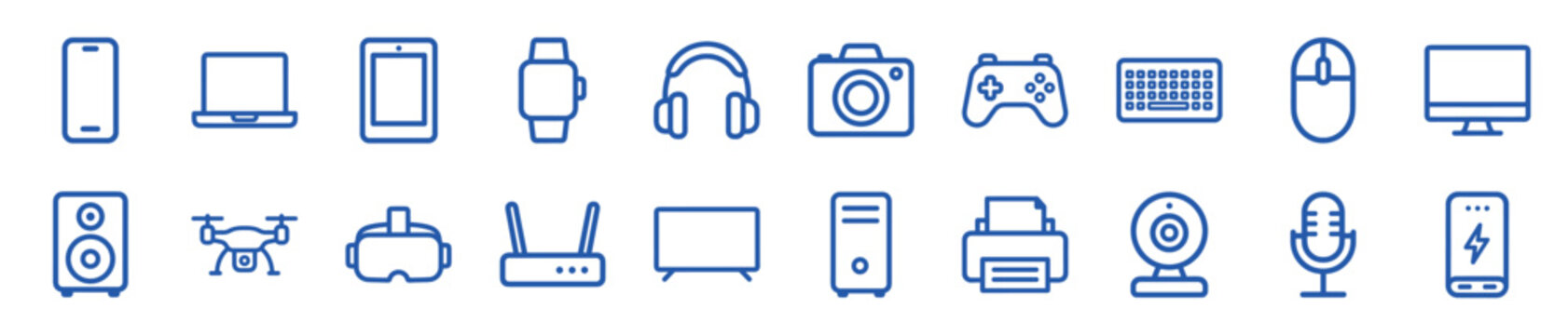 Set of blue line icons representing modern technology and consumer electronics, including digital gadgets like smartphones, laptops, cameras, and drones in a minimalist style