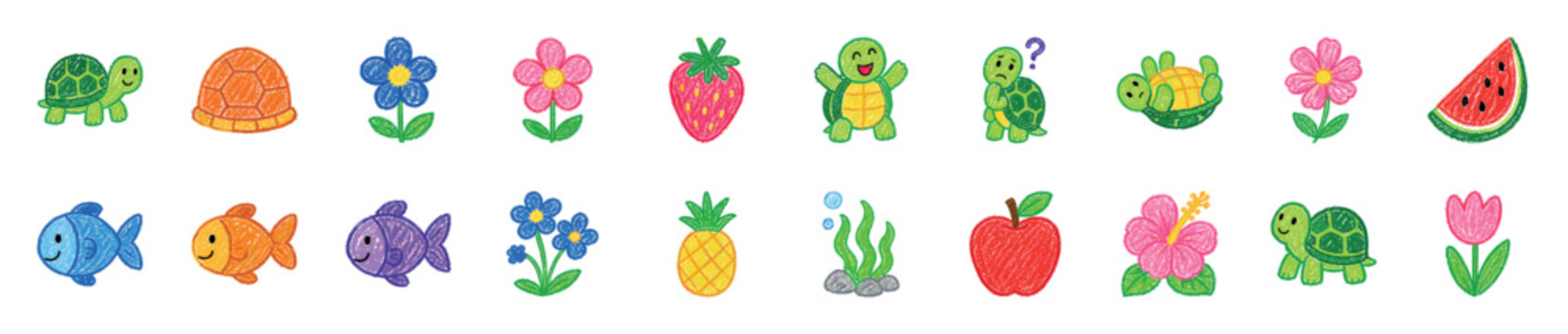 Set of cute childlike crayon drawings featuring turtles, fish, flowers, and fruits in a simple, colorful, and cheerful hand-drawn style with a textured effect