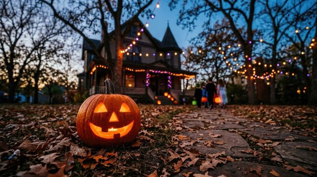Spooky Halloween dusk: glowing pumpkin, carved lantern, stone path, haunted house, autumn leaf, festive light, costume child, creepy tree, evening walk, suburban yard, dark silhouette.