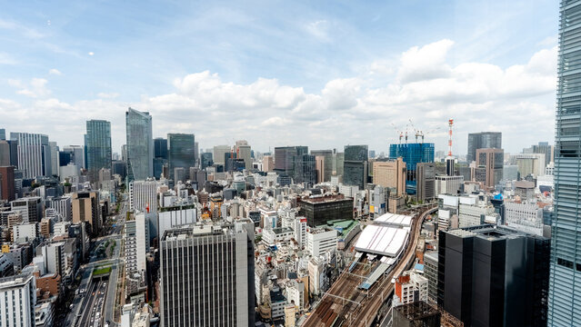 Minato Tokyo skyline with rail lines and modern offices