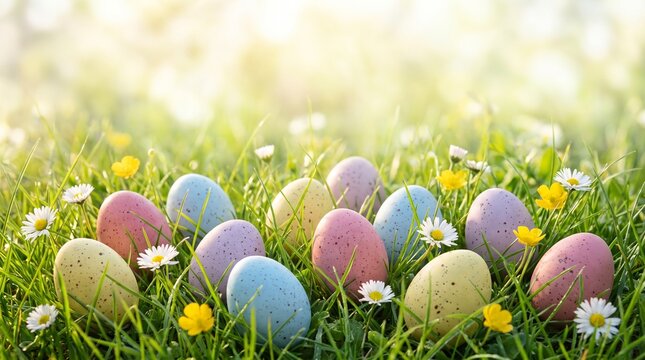 Pastel speckled Easter eggs hidden in green spring grass with meadow flowers and warm sunny bokeh