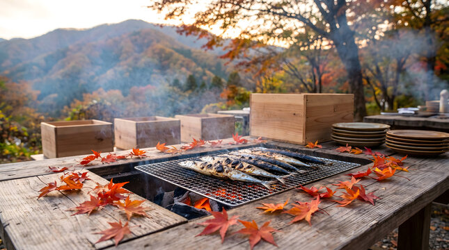 Grilled Pacific Saury Over Charcoal on Rustic Table Amid Autumn Foliage Landscape
