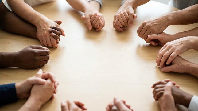 Diverse hands coming together in unity around a table for support with symbolizing unity