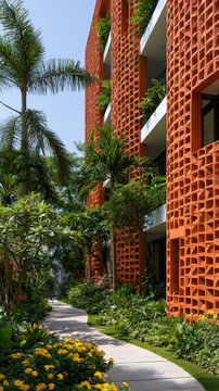 Red Perforated Brick Facade with Tropical Landscaping and Copy Space